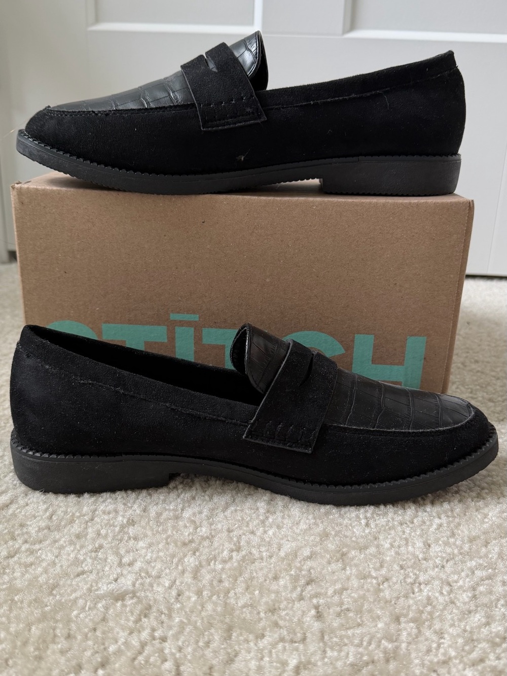 Black Women’s Penny Loafers - Classic Suede & Croc-Embossed Leather